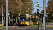 9138_750_Dresden_Strassenbahn Haltestelle Carolabrücke, eine Straßenbahn der Linie 7 mit dem Hinweis auf den Umleitungsverkehr, Carola Bridge stop, a tram on line 7 with a sign indicating...