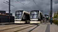 9130_701-Odense Die Zweirichtungsfahrzeuge 10 und 15 in der Endstelle Hjallese . Bi-directional vehicles 10 and 15 at the Hjallese terminus .